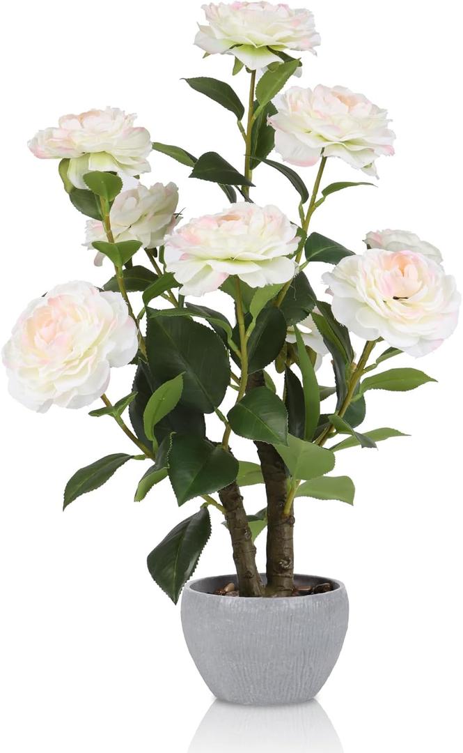 TOARTi Artificial Camellia Potted Plant with Stone Pot, 20.5" Tall Fake Potted Flowers Faux Desk Plant, Realistic Decorative Plants Indoor Decor for for Home Bedroom Bathroom Office Desk (Camellia-double Stems)