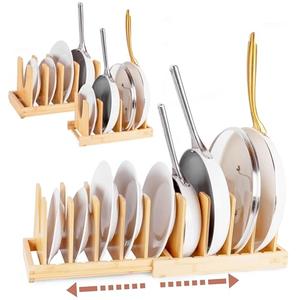 Pot and Pan Organizer for Under Cabinet – Bamboo Pot Lid Organizer for Cabinet with Magnetic Lock, Expandable 2-in-1, Adjustable Dividers, Non-Slip Base for Cutting Boards, Cookie Sheets, Bakeware