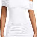 XXTAXN Women's Summer Sexy Elegant Cocktail Party One Shoulder Short Sleeve Ruched Mini Dress (White, S)