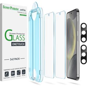 amFilm Auto-Alignment OneTouch for Samsung Galaxy S24 6.2" Screen Protector + Camera Lens Protector,Tempered Glass,30 Seconds Installation, Case Friendly , Bubble Free , Anti-Scratch [2+2 Pack]