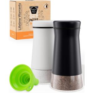HOME EC Original Salt and Pepper Shakers Set with Adjustable Pour Holes - Black and White Salt Shaker and Pepper Shaker - Farmhouse Spice dispenser for salts, Ground peppercorn and spices (2pk)