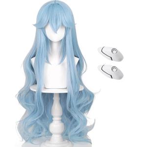Ice Blue Wig for Cosplay + Hairpin Anime Long Curly Light Blue Wig Women Cosplay Costume Wigs Accessories for Halloween Party + Wig Cap