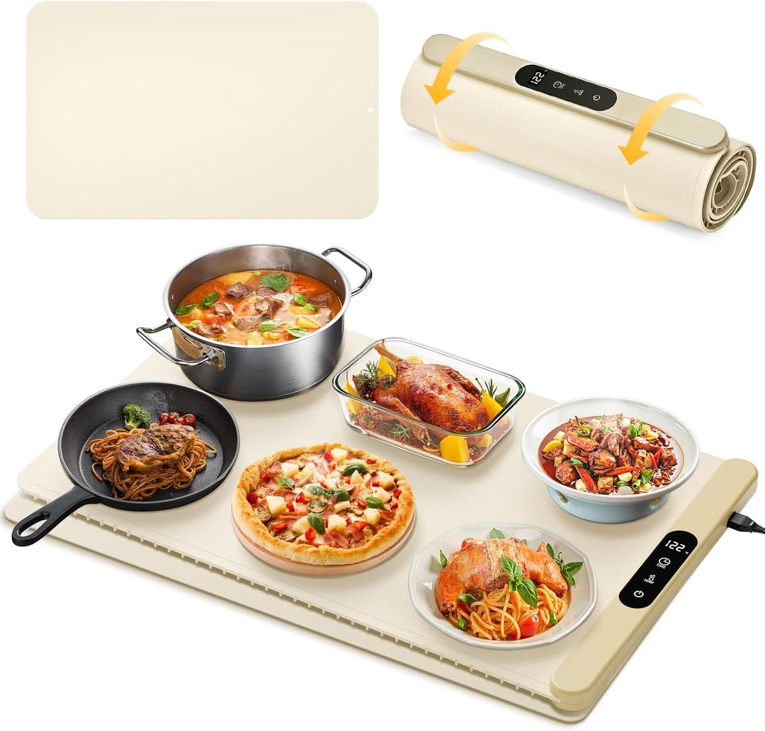 Food Warming Mat with Protective Table Mat, Graphene Fast Full-Surface Heating Mat, Electric Warming Tray with 6 Temperature and 6HoursTimer, Portable Rollable Food Warmer Perfect For Parties Buffet (cream color)