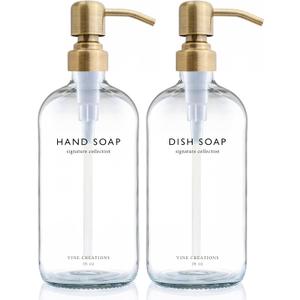 Vine Creations Clear Glass Soap Dispenser Set, Dish Soap and Hand Soap Dispenser Set with Stainless Steel Pump, 16 oz Glass Dispensers for Kitchen Bathroom Decor (Clear Bottle/Brushed Brass Pump)
