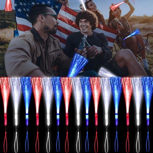 YOFOBU 30 Pack Red Blue White Fiber Optic Wands Glow Fiber Wands Bulk LED Light Up Wands with 3 Flashing Modes LED Flashing Sticks for July 4th Halloween Christmas Hawaii Carnival Wedding Birthday
