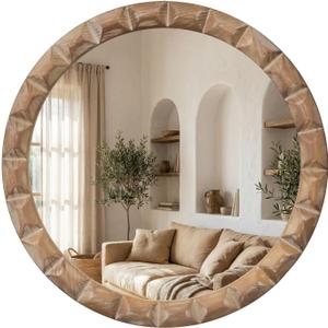 Solid Wood Wall Mirror, 24 Inch Round Hand-Carved Pine Wood Frame Circle for Wall Decor, Rustic Farmhouse Mirror for Bathroom, Living Room, Entryway, Natural Wood