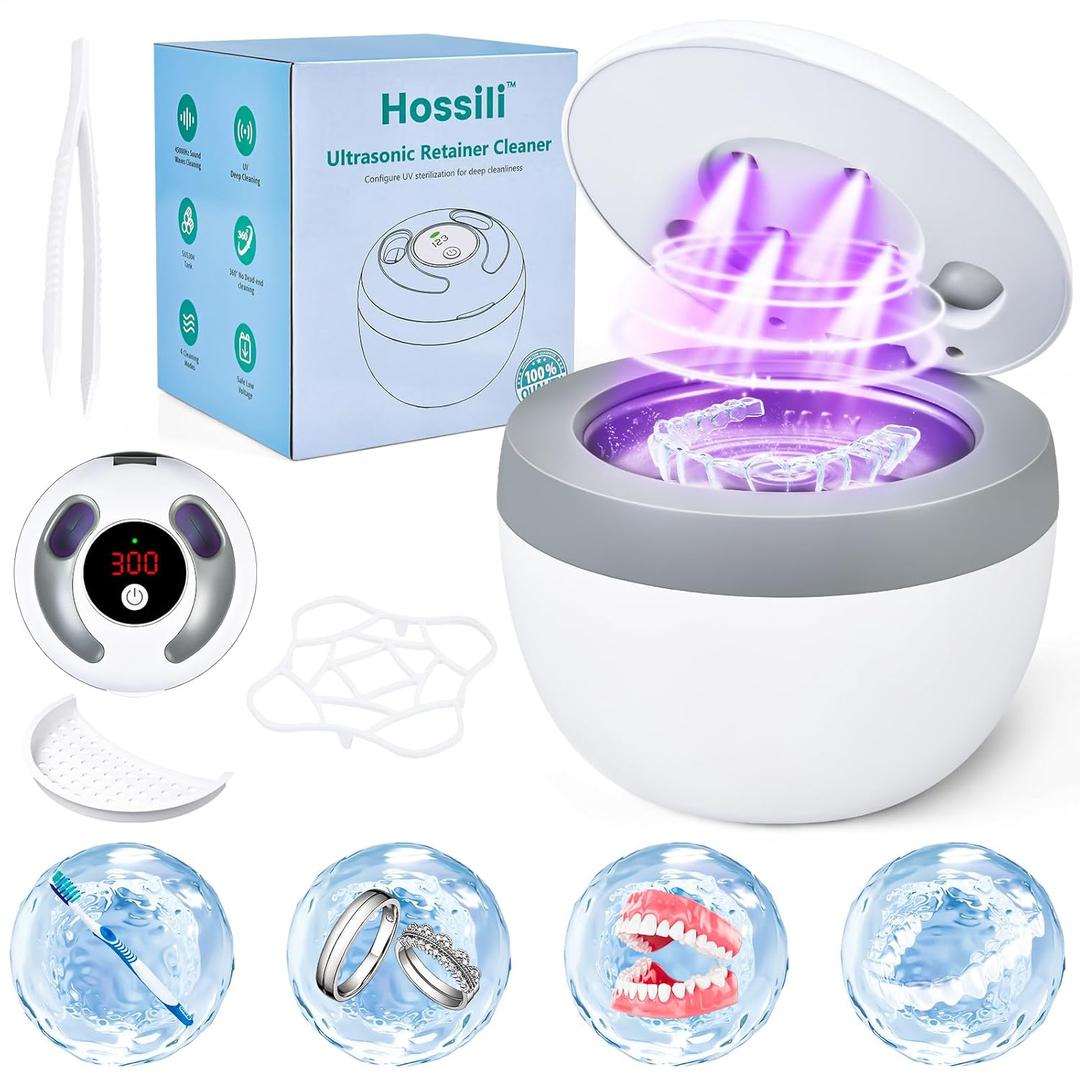 Hossili Ultrasonic Retainer Cleaner Machine, 45kHz 200ML Dental Cleaning Pod with 4 Wash Modes, Digital Timer for Denture Cleaner, Aligners, Mouth Guards, Braces, Jewelry & Toothbrush Heads (White)