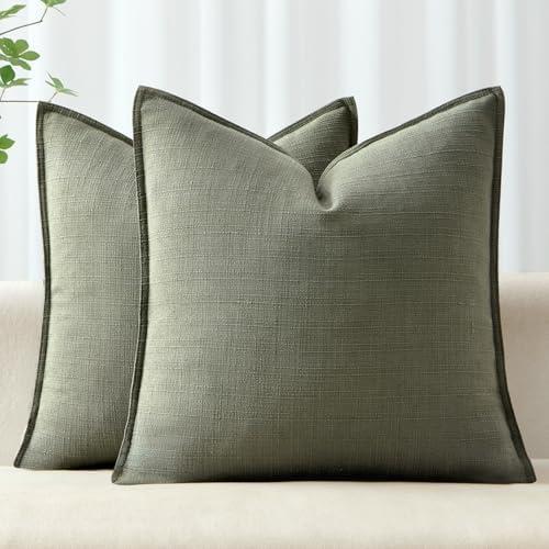 MIULEE Decorative Pillow Covers 18x18, 2 Pack Boho Farmhouse Neutral Throw Pillows for Couch, Thick Textured Modern Linen Cushion Cases Sofa Bed Living Room Home Decor, Olive Green