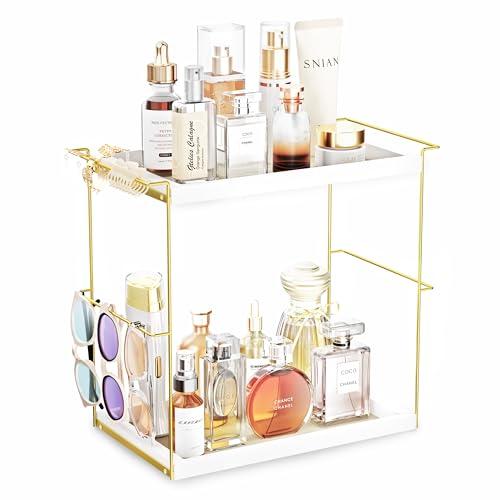 Emfogo Perfume Organizer for Women, 2 Tier Wooden and Metal Cologne Organizer for Men, Large Capacity Perfume Stand Holder Tray for Vanity Bathroom Countertop Organizers and Storage (White and Gold)