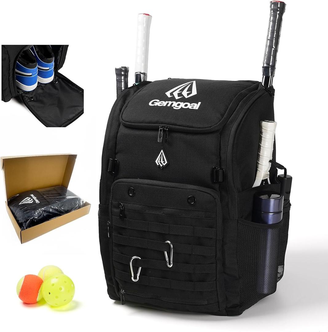 52L Pickleball Bag Fits 6+ Paddles,Pro Pickleball Backpack with Wet Dry Separation,Shoe Compartment,Hidden Ball Net,Designed for 2 Players Family and Couples (Black)