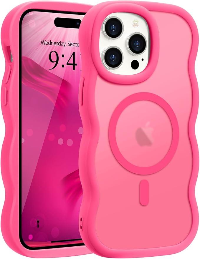 Magnetic for iPhone 14 Pro Max Case [Compatible with Magsafe] Translucent Matte Cute Curly Wave Frame Phone Case,Soft TPU Bumper Slim Fit Shockproof Protective Cover for Men Women-Hot Pink