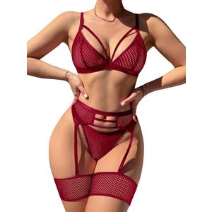 popiv Women's Sexy Lingerie Set with Garter Belt Matching Bra and Panty Lingeries Sets 4 Piece (Small, Red)