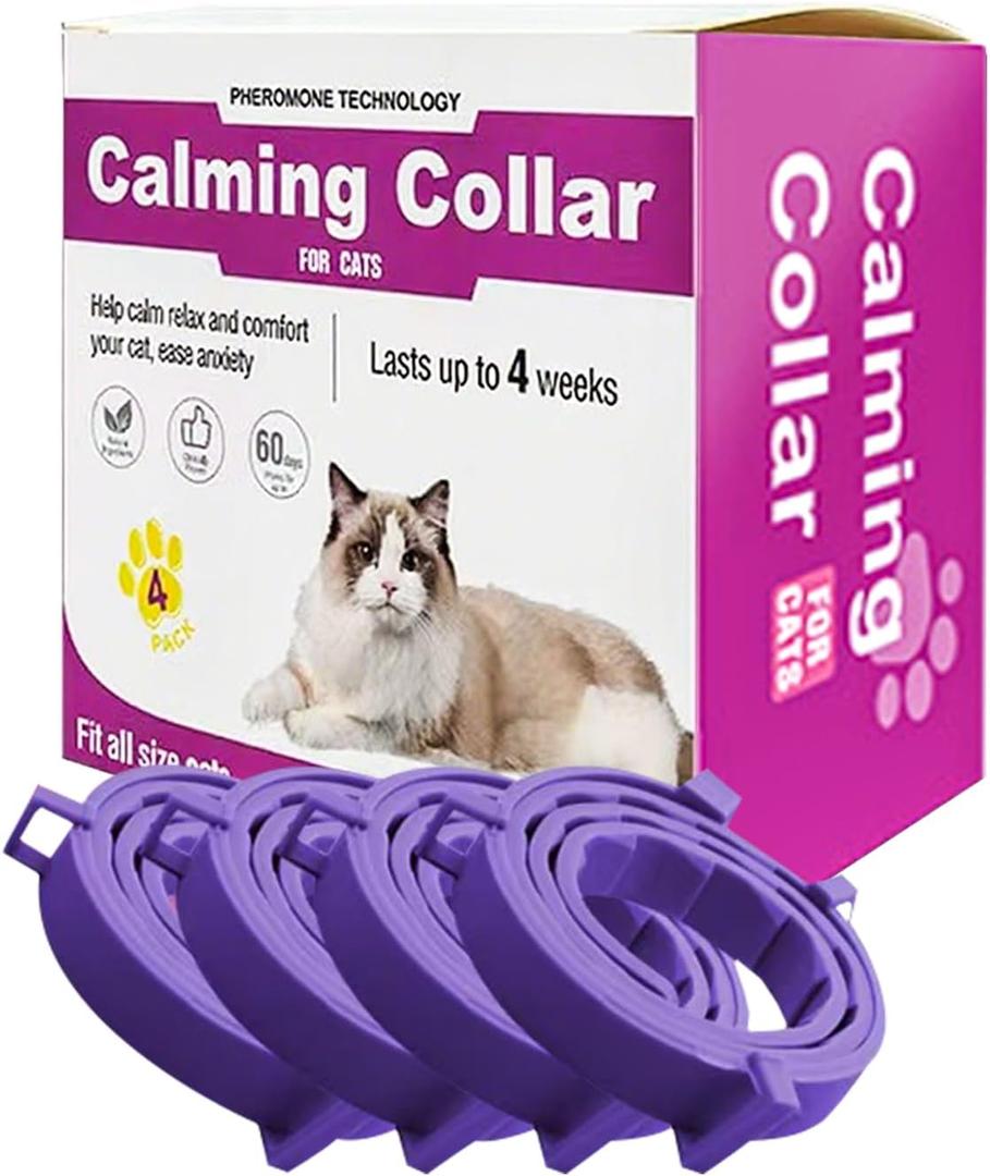 Cat Calming Collar, 15-Inch Adjustable, 60-Day Stress Relief, Purple, 4-Pack