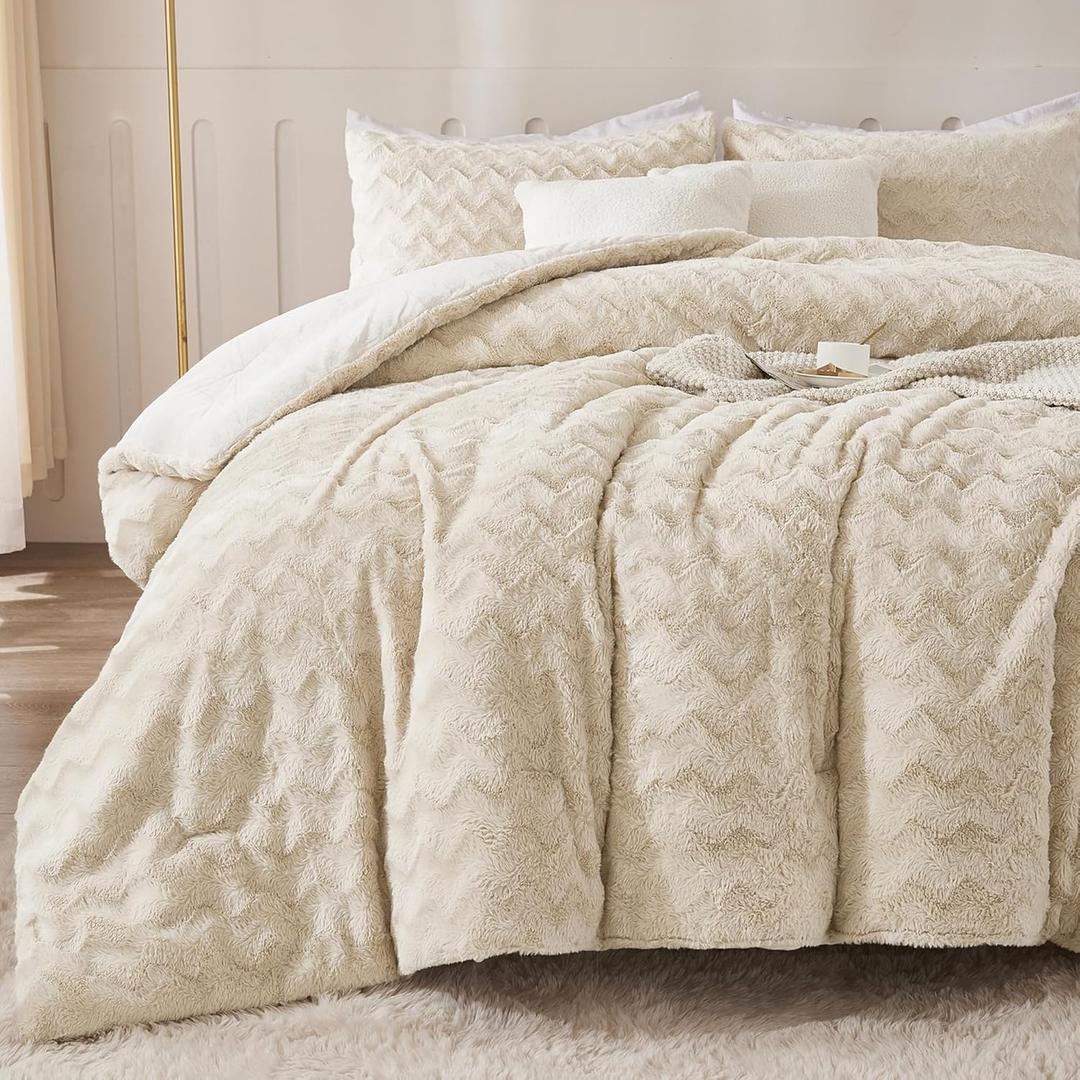 Andency Fleece Beige Comforter Set King, 3 Pieces Fuzzy Plush Faux Fur Bedding Comforter, Fluffy Shaggy Warm Sherpa Bed Set for Winter (104x90Inch Comforter)