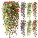 FineCheer 6 Pcs Artificial Hanging Flowers Outdoor Faux Plants Spring Decor Fake Silk Mums Violets with Eucalyptus Realistic UV Resistant Trailing Vines Porch Yard Indoor Wedding Favors
