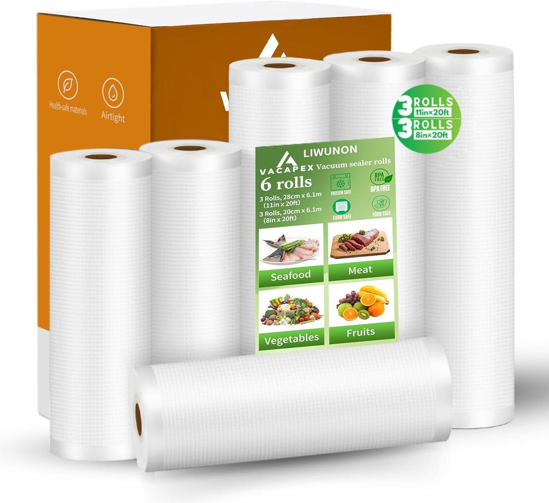 Multi-layer Vacuum Sealer Bags Rolls, LIWUNON 6 Pack 11" x 20' x3 Rolls and 8" x 20' x3 Rolls Commercial Grade Bag Rolls, Compatible with All Kinds of Vacuum Sealers