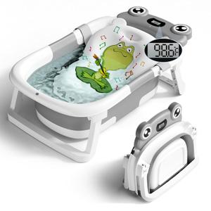 BUNWAG Baby Bathtub, Collapsible Newborn Bathtub for Infant to Toddler with Soft Cushion and Thermometer,Portable Travel Newborn Tub with No-Slip Feet, Baby Shower Gifts, 0-12 Months Baby Bath, Grey
