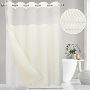 VIUOON No Hook Shower Curtain Set with Snap in Fabric Liner, 250GSM Waffle Weave Beige Hotel Grade Bath Shower Curtain - See Through Top Window, Waterproof & Washable, 71"W x 86"H