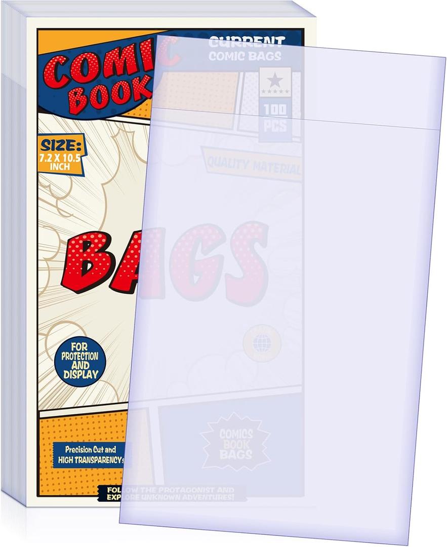 100 Count Comic Book Bags, Current Size Comic Bags 7.2 X 10.5 inch Transparent Acid-Free and Reusable Comic Book Sleeves for Regular Comics