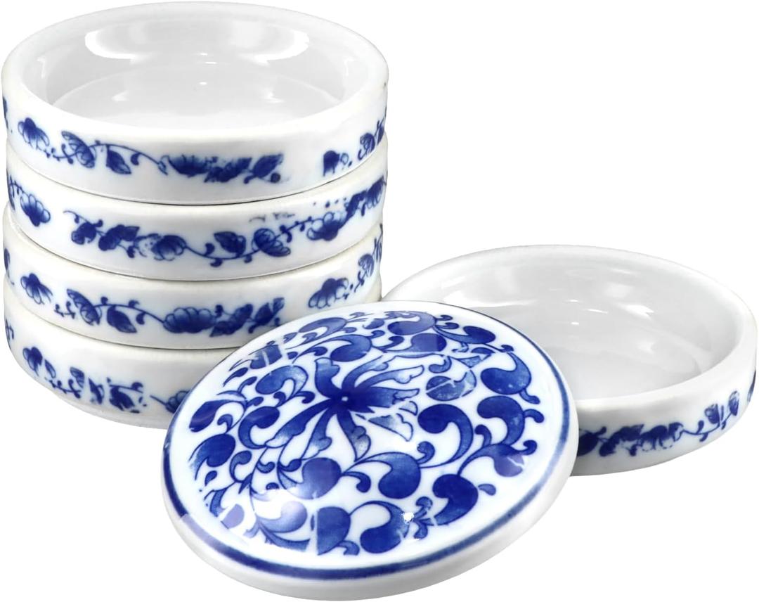 QWORK 5-Layer Ceramic Mixing Trays Set, Round Porcelain Watercolor Palettes and Sauce Dishes with Blue Patterns, Ideal for Art Lovers and Jewelry Storage