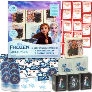 Disney Frozen Valentine's Day Classroom Gift Exchange Set - Bundle with 20 Treat Boxes with Stickers, Tattoos, Stampers for Valentines Classroom Party | Frozen Goodie Bags