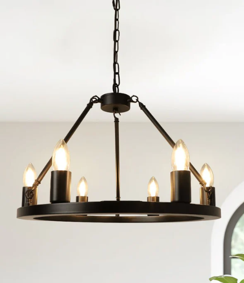 Depuley 6-Light Black Farmhouse Wagon Wheel Chandelier, Industrial Iron Kitchen Island Chandelier Light Fixture Hanging, Round Ceiling Pendant Light