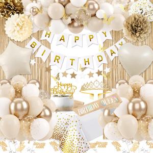 Birthday Decorations for Women, Golden Birthday Party Decorations, White Sand Beige Gold Balloons Tablecloth Birthday Sash Crown Fringe Curtain Butterfly Decor Gold Party Decor for Women Girls Bday