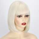 Svolna White Blonde Short Bob Wig with Bangs, Platinum Blonde Synthetic Straight Hair Wigs for Women, 14 Inch Cosplay Costume Bob Wig (613#)