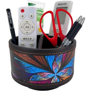 PU Leather Round TV Remote Control Holder for Table,360 Swivel Office Supply Desktop Organizer,4 Compartments Phone/Pen/Pencil Holder,Suitable for Stationery/Heater Controllers Etc