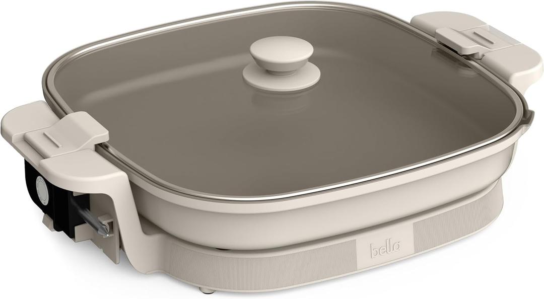 bella Make & Take XL Electric Skillet, Fits-anywhere kitchenware, EverGood Ceramic Coating, Adjustable Temperature & Dishwasher-Safe Tempered Glass Lid, Cast Aluminum Base, 1200 Watt, Oatmilk