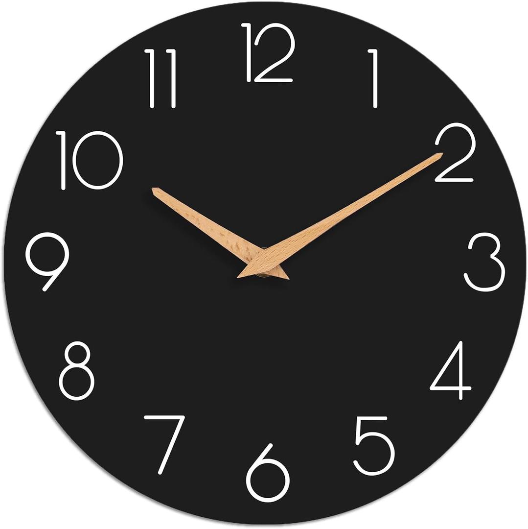 cicininc Wall Clock, 12 Inch Wooden Silent Non-Ticking, Decorative Battery Operated Wall Clocks for Bedroom, Kitchen, Home, Living Room, Office, School, Hotel (Black)