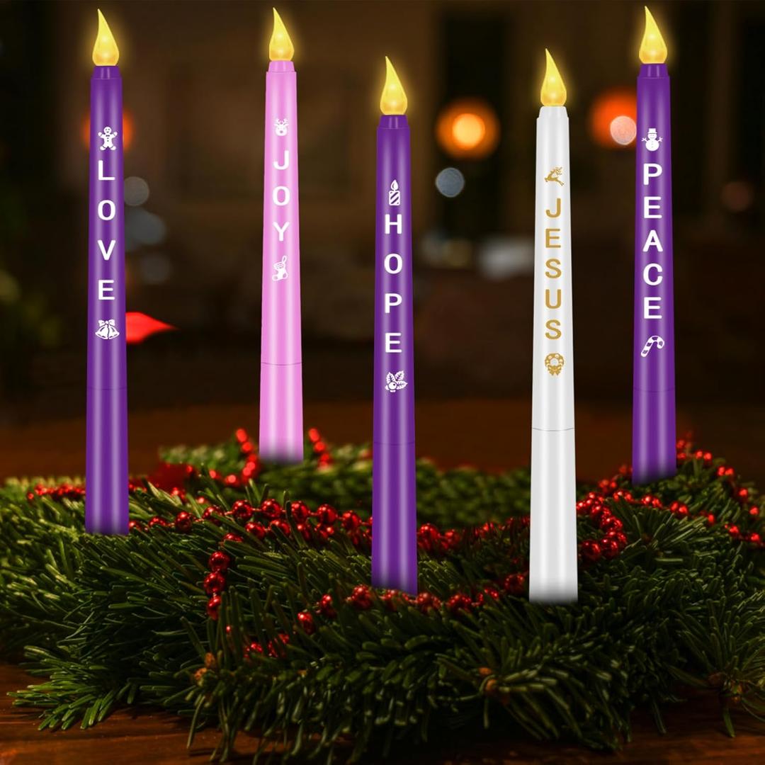 RGQSUN LEDs Flameless Advent Candles Sets of 5 Christmas Advent Candles Battery Operated Flickering Flameless Taper Candle for Christmas Wreath Advent Decor(Battery is not Included)