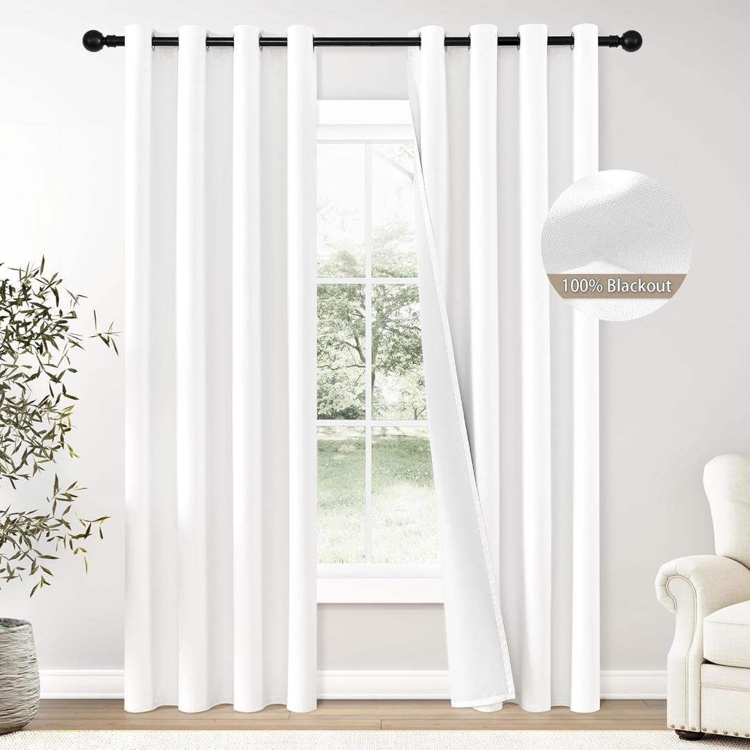 ChrisDowa 100% Blackout Pure White Solid Curtains 96 Inches Long 2 Panels for Bedroom Living Room,Farmhouse Room Darkening Thermal Insulated Soundproof Grommet Top Window Treatment Drapes,52x96