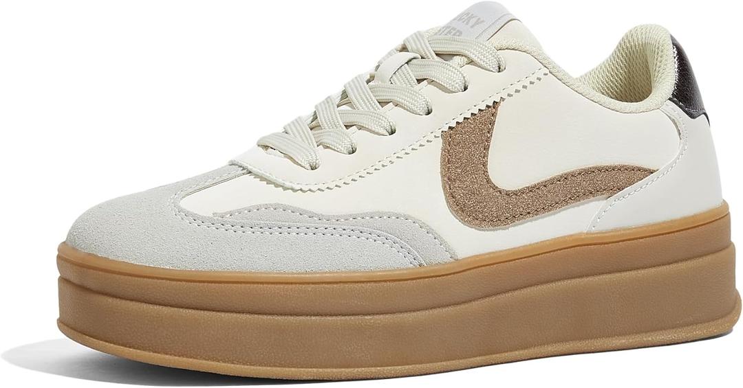 LUCKY STEP Women's Platform Fashion Sneakers Retro Casual Comfortable Walking Shoes Thick Sole Stylish Classic Tennis Trainers (9, Beige/Grey)