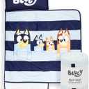 Jay Franco Kids Nap Mat with Embedded Pillow & Blanket  Soft 46"x20" Microfiber Sleeping Bag with Name Tag & Handle for School, Travel, Sleepover (Blue - Bluey)