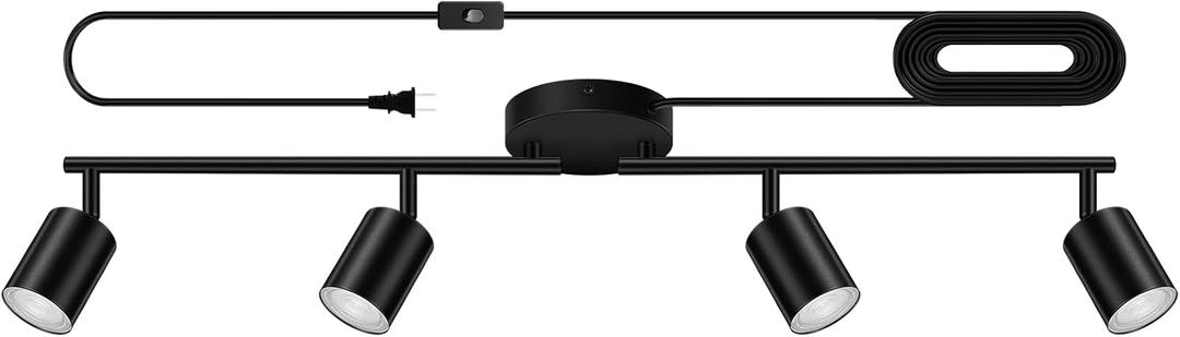 Plug in Track Lighting, LED Track Lighting Fixtures Ceiling, Black 4-Light Kitchen Light Kit, Plug in Wall Light with 14.8ft Power Cord, Rotatable Ceiling Spotlight for Bedroom(GU10 Socket, NO Bulb)