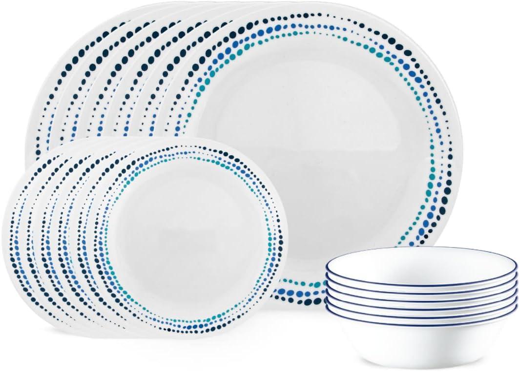 Corelle Vitrelle 18-Piece Service for 6 Dinnerware Set Triple Layer Glass and Chip Resistant, Lightweight Round Plates and Bowls Set, Ocean Blue