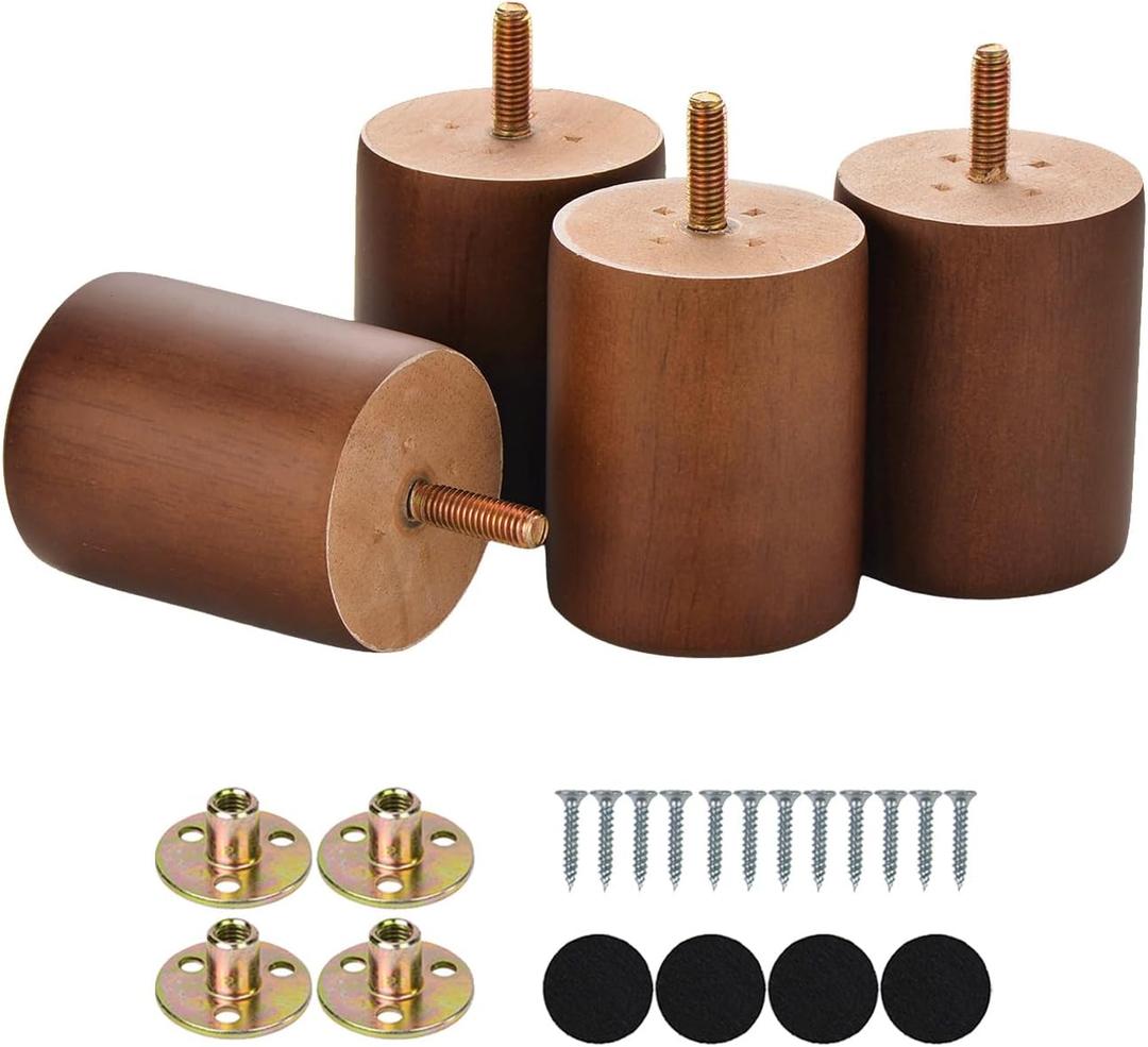 Maricome 3 in Wooden Legs Set of 4, Solid Round Wood Replacement Feet Predrilled M8 BoltSuitable for Sofa Couch Dresser Ottoman Cabinets Chair Screw in, 3 Inch Walnut