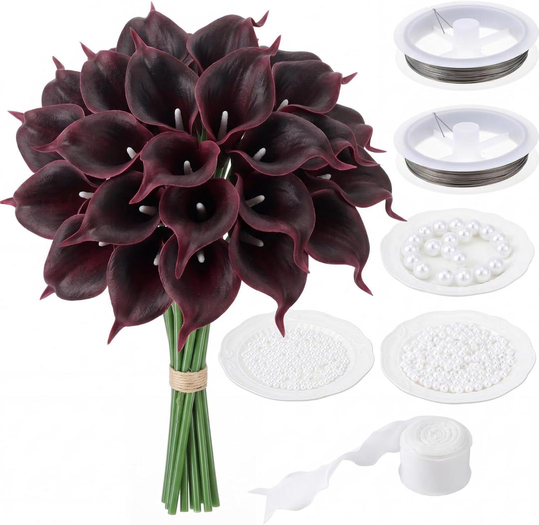 20 x Suncalla 20 Pcs Calla Lily Artificial Flowers DIY Burgundy Wedding Bouquet for Bride Mother's Day Flower Gifts Wedding Table Centerpieces Decorations for DIY Craft Kit Bridal Mom Gift