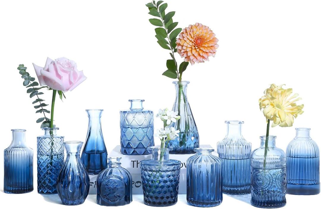 UPBUD Glass Blue Bud Vases Set of 12, Mini Flower Vase for Centerpieces, Small Glass Vases in Bulk for Bridal Shower Decorations, Vintage Vase for Wedding, Party, Graduation, Home Table Decor