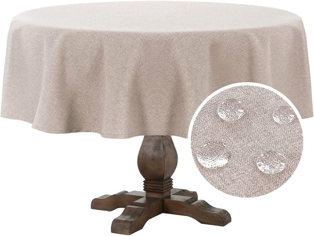 FantasDecor Linen Textured Table Cloths Round Tablecloth Waterproof Spill-Proof Wrinkle Free Cover for Dining Room and Outdoor Use, Pink Sand, 70 x 70 Inch
