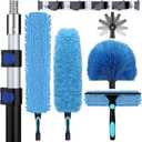 20ft High Ceiling Duster Kits with 5-12ft Heavy Duty Extension Pole - Fan Blade Cleaner, Cobweb Remover & Blue Window Squeegee Kit, Washable Dust Brush for High Roof and Glass Surfaces