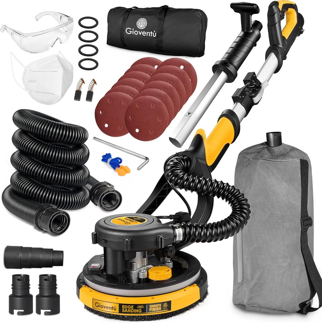 Drywall Sander, 780W Powerful Electric Drywall Sander with Vacuum Attachment, Auto Dust Absorption, Dustless Wall Sander with 26 Power Cord for Popcorn Ceiling, Drywall etc (Yellow)