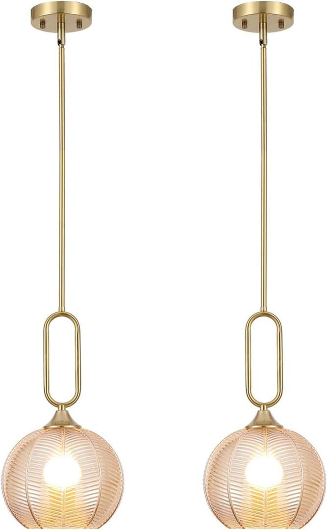 Amber Glass Pendant Light Set of 2 Modern Globe Pendant Lighting Nordic Ribbed Gold Ceiling Hanging Chandelier with Brushed Brass Adjustable Rods Dining Room Kitchen Island Light Fixture, 61" L x 7.87" W, 7.87" diameter