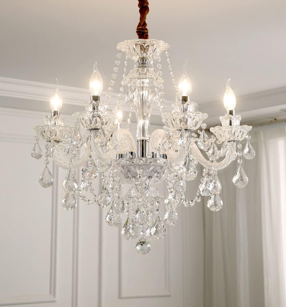 Crystal Chandelier 6 Lights Clear K9 Crystal Luxury Interior Decoration Ceiling Light E12 Bulbs Crystal Pendant Lighting Fixture for Dining Room, Living Room, Bedroom (6 Lights), 
24"L x 24"W x 22"H