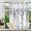 No Hook Shower Curtain and Liner Set, Blue Grey Eucalyptus Floral Shower Curtains for Bathroom, Bath Curtain Sets with Snap in Liner, Waterproof with See Through Top Window, 71x84 Inches