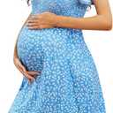 Adorel Maternity Dress Midi Ruffle V-Neck Flowy Smocked Empire Waist Casual Pregnant Outfit Baby Shower (Medium, Blue Print)