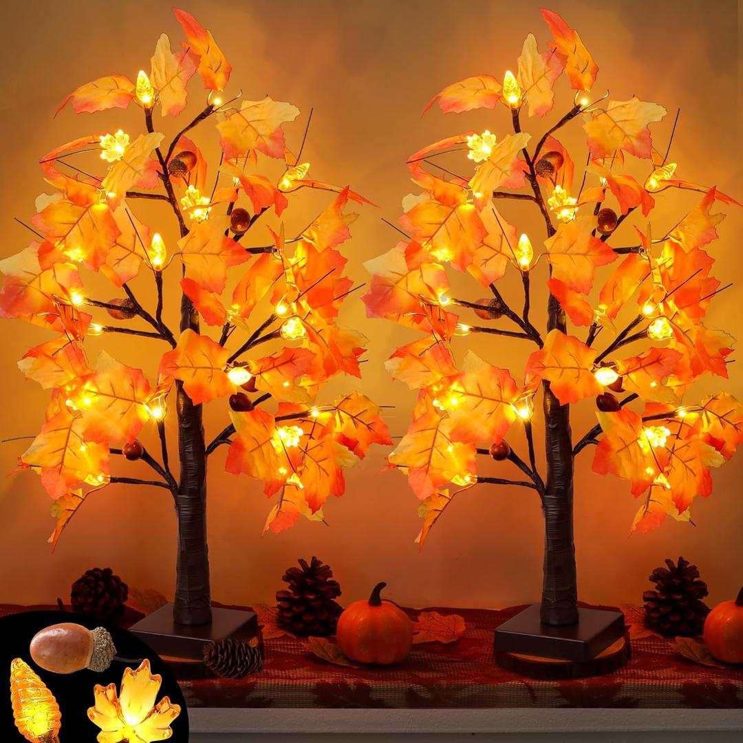 2 Pack 24 Inch Prelit Fall Maple Tree Fall Thanksgiving Decorations with 48 LEDs Battery Operated Timer Lighted Acorn Maple Artificial Tabletop Light Up Tree for Home Indoor Thanksgiving Table Decor