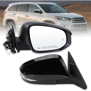Right Passenger Side Mirror Compatible With 2014-2019 Toyota Highlander With Manual Folding Power Glass Heated Turn Signal Blind Spot Black Replaces #87910-0E282 TO1321361(7Pins)