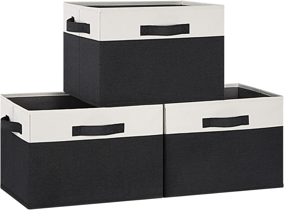 GhvyenntteS Large Storage Baskets for Shelves Pack of 3, Collapsible Fabric Storage Bins with 3 Handles, Decorative Closet Organizers and Storage bins for Clothes Blanket Beddings (Black, 15"x11"x9.6")